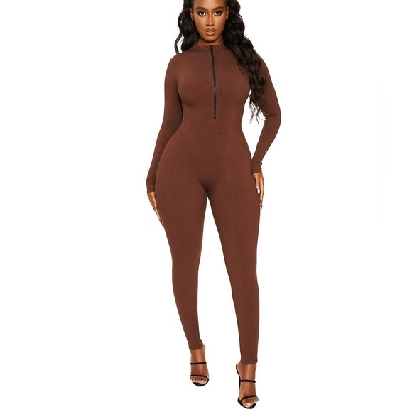 NAKED WARDROBE SNATCHED ZIP UP JUMPSUIT IN CHOCOLATE SIZE M - Picture 1 of 2